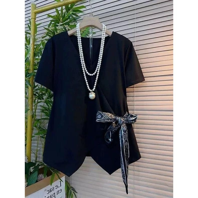 เสื้อยืดแขนสั้นสำหรับผู้หญิง ไซซ์บวก ลายไม่สมมาตร ดีไซน์เก๋ อากาศร้อน