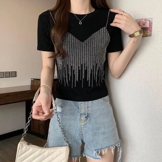 เสื้อยืดเพชร แขนสั้น สำหรับผู้หญิง ทรงสลิมฟิต แฟชั่นฤดูร้อน เสื้อแจ็กเกต