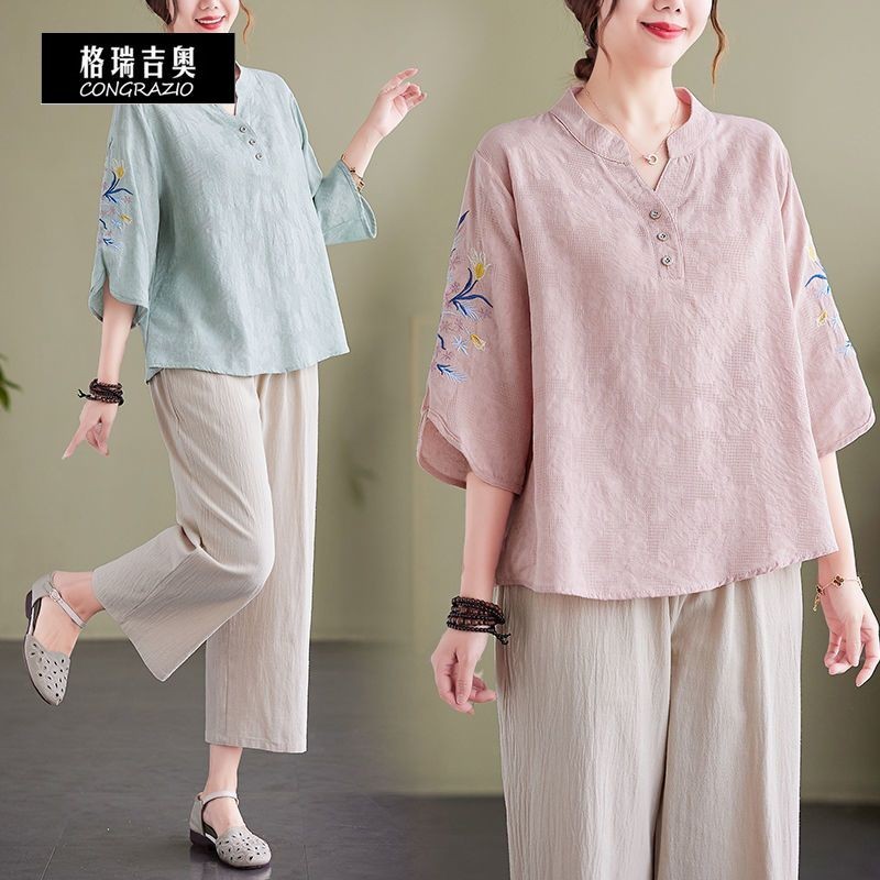 ใหม่🔥 ชุดเซ็ต 2 ชิ้น หลวม เสื้อคนแก่+กางเกงขากว้าง ใส่สวยดูดี