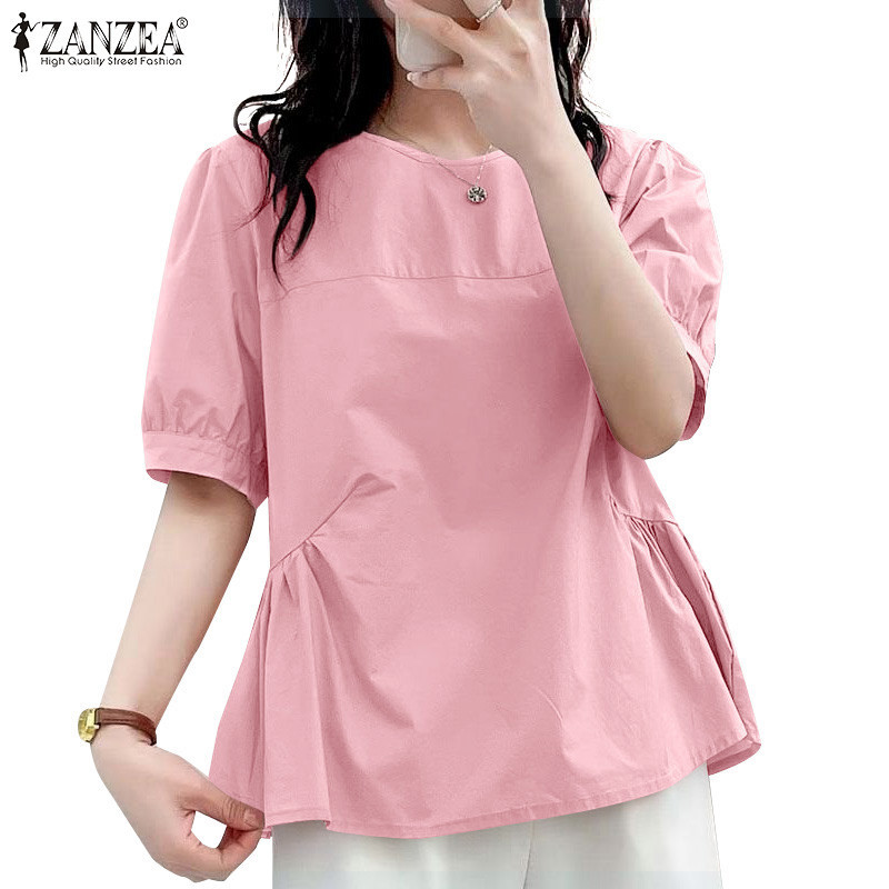 ZANZEA ใส่ ซานเซีย ผู้หญิงเกาหลีลําลองลูกเรือคอผูกครึ่งแขนแยกจีบเสื้อ