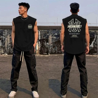 Y-T【ขายดี】⚡เสื้อกั๊กผู้ชาย คอกลม เสื้อแขนกุด ไม่หดตัว สวมใส่สบาย ผ้าฝ้ายแท้ ประทับตรา "SATIS FACTORIL"