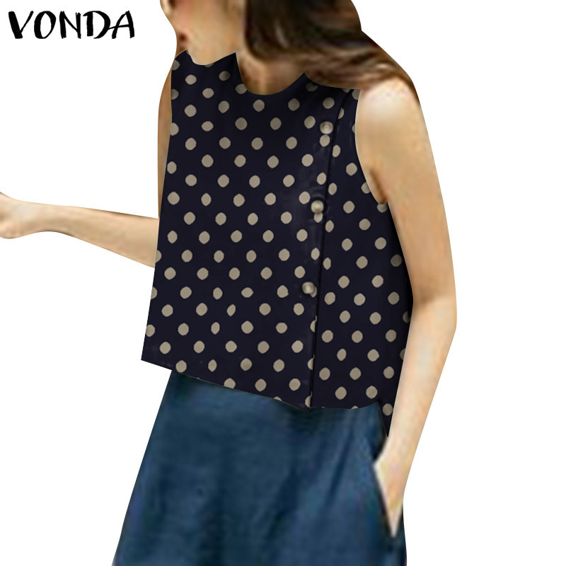 Vonda ผู้หญิงเกาหลีทุกวันวันหยุดแฟชั่นดอกไม้ Polka Dot เสื้อแขนกุด