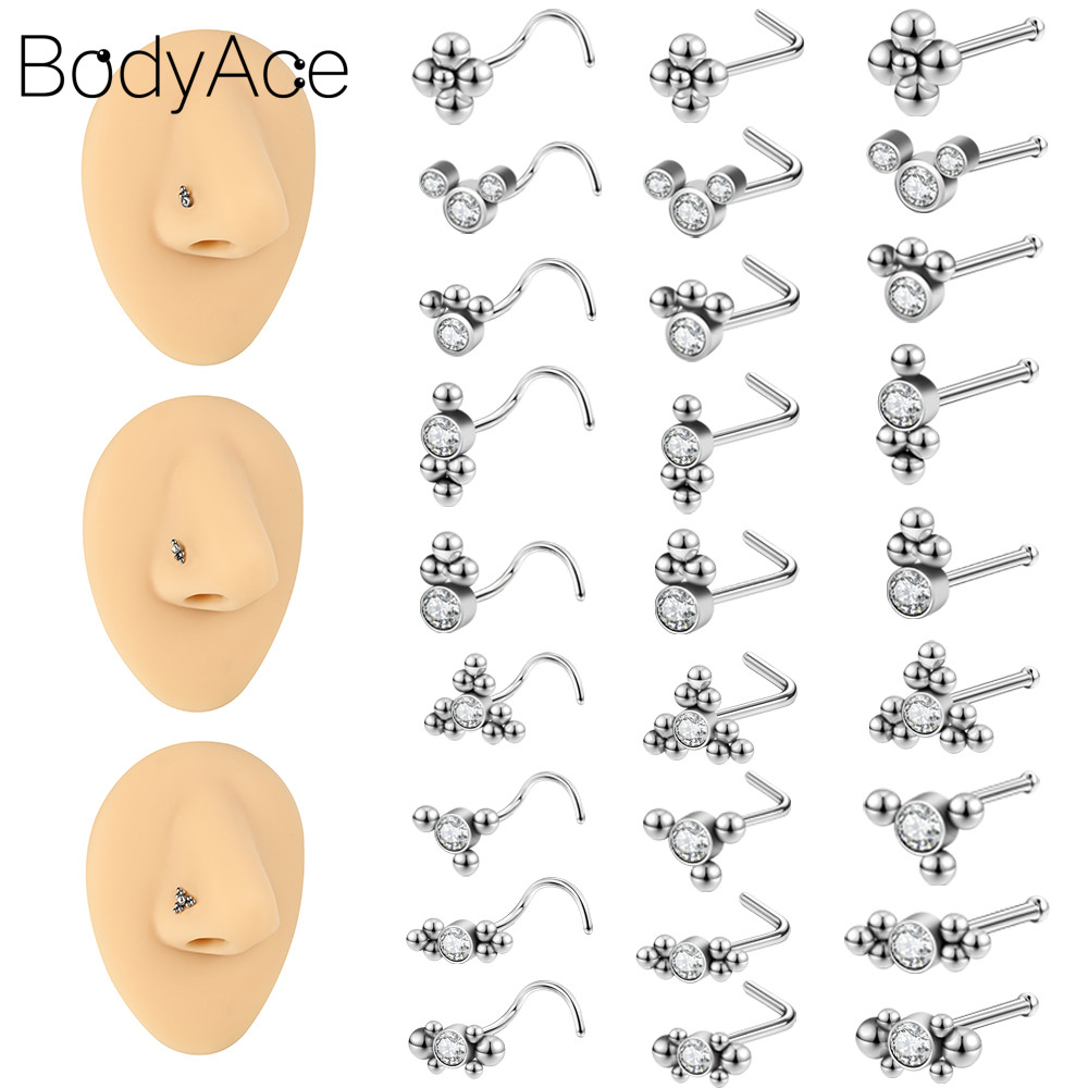 Bodyace 1 PC 20G Cubic Zircon จมูกสตั๊ด Nostrail แหวนจมูกสแตนเลสเจาะจมูก L Rod Body Piercing