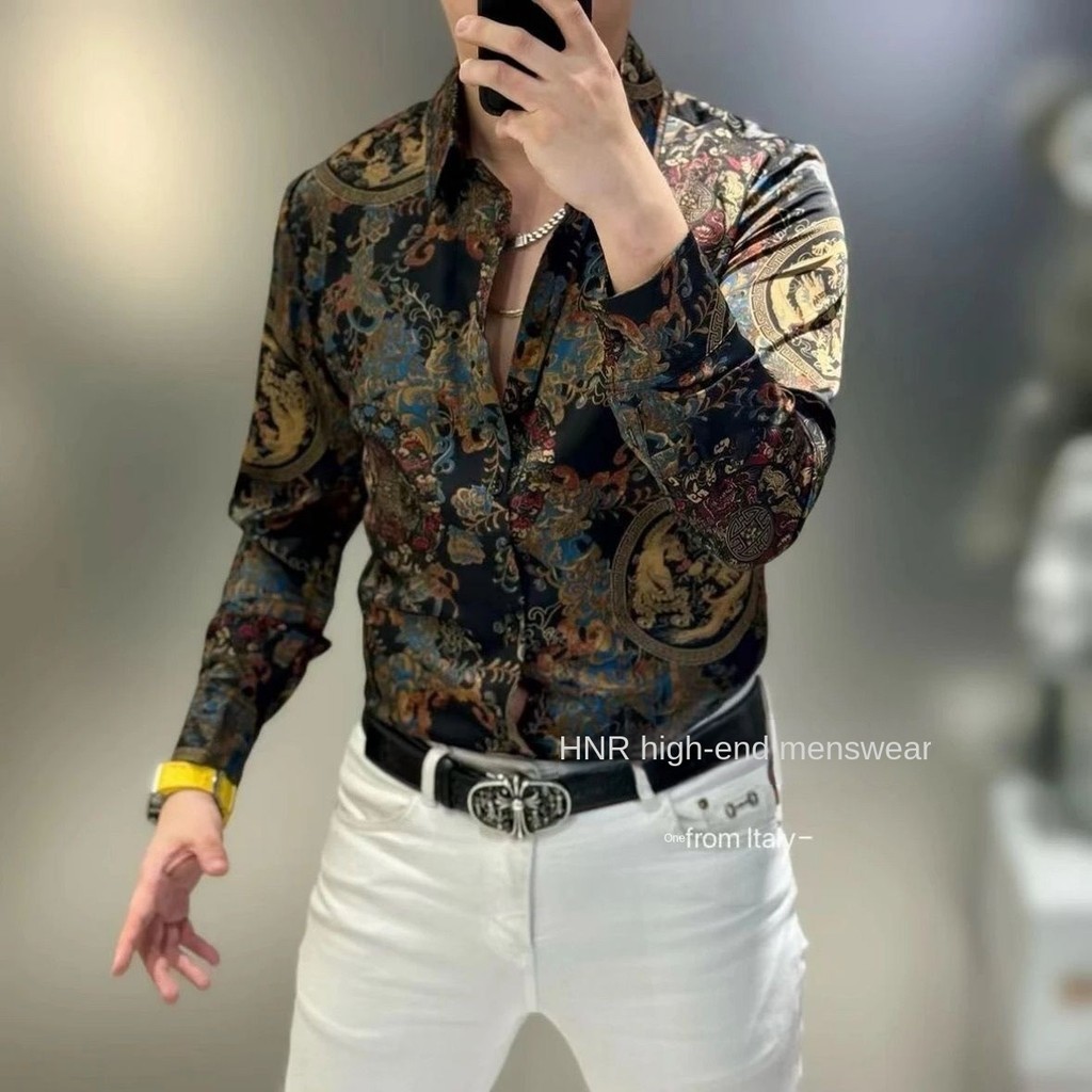 ใหม่ ฤดูใบไม้ผลิและฤดูใบไม้ร่วงพิมพ์ผู้ชายมังกรพิมพ์เสื้อแขนยาวแฟชั่นอินเทรนด์สมาร์ทและทุกการแข่งขันสบายๆบางพอดีสไตล์เกาหลีด้านบนขายดีเ