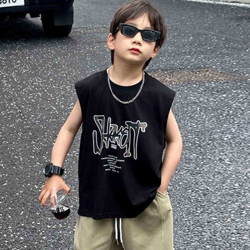 Boy Tops (10-40kg) แขนกุดตัวอักษรพิมพ์ผ้าฝ้ายเสื้อกล้ามแฟชั่นเกาหลี Cool Kid Boy Top Wear