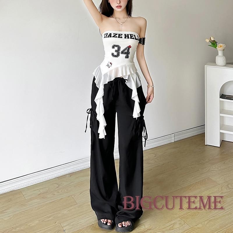 []-ชุดนอนสตรีฤดูร้อน Slim Tube Tops แขนกุดปิดไหล่ไม่สม่ําเสมอ Ruffle Hem Letter พิมพ์ Bandeau สีขาว