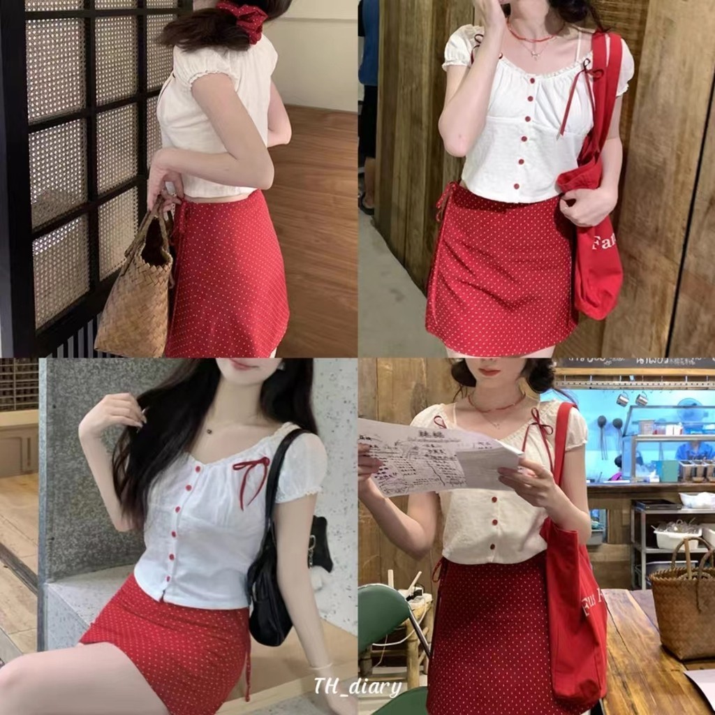 (พร้อมที่จะจัดส่งในกรุงเทพ) สไตล์ใหม่ล่าสุด หูกระต่าย จุด ฤดูร้อนเสื้อยืด+กระโปรง ชุดสองชิ้นของผู้หญิง-Z268