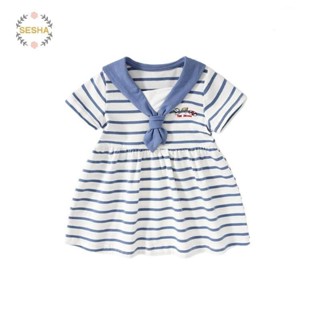 0-3ย ชุดเดรสผ้าฝ้ายเด็กหญิงเสื้อคอปกทหารเรือชุดเดรสแขนสั้นลา…