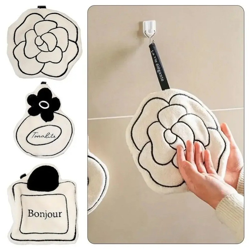 Camellia Flower ผ้าเช็ดมือหนาสองชั้นบ้านสะดวกแขวนผ้าเช็ดมือดูดซับแห้งเร็วห้องครัวและห้องน้ํา