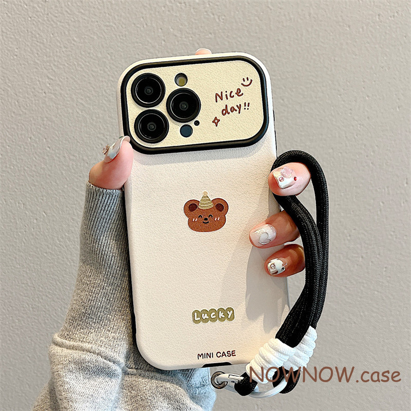 สําหรับ iPhone 15 14 13 12 11 Pro MAX X XR XS MAX 7 8 Plus SE การ์ตูนน่ารักหมี avatar Lucky สีขาวหน้าต่างขนาดใหญ่เคสโทรศัพท์ anti drop และ Dirtproof สายรัดข้อมือแขวนเชือก