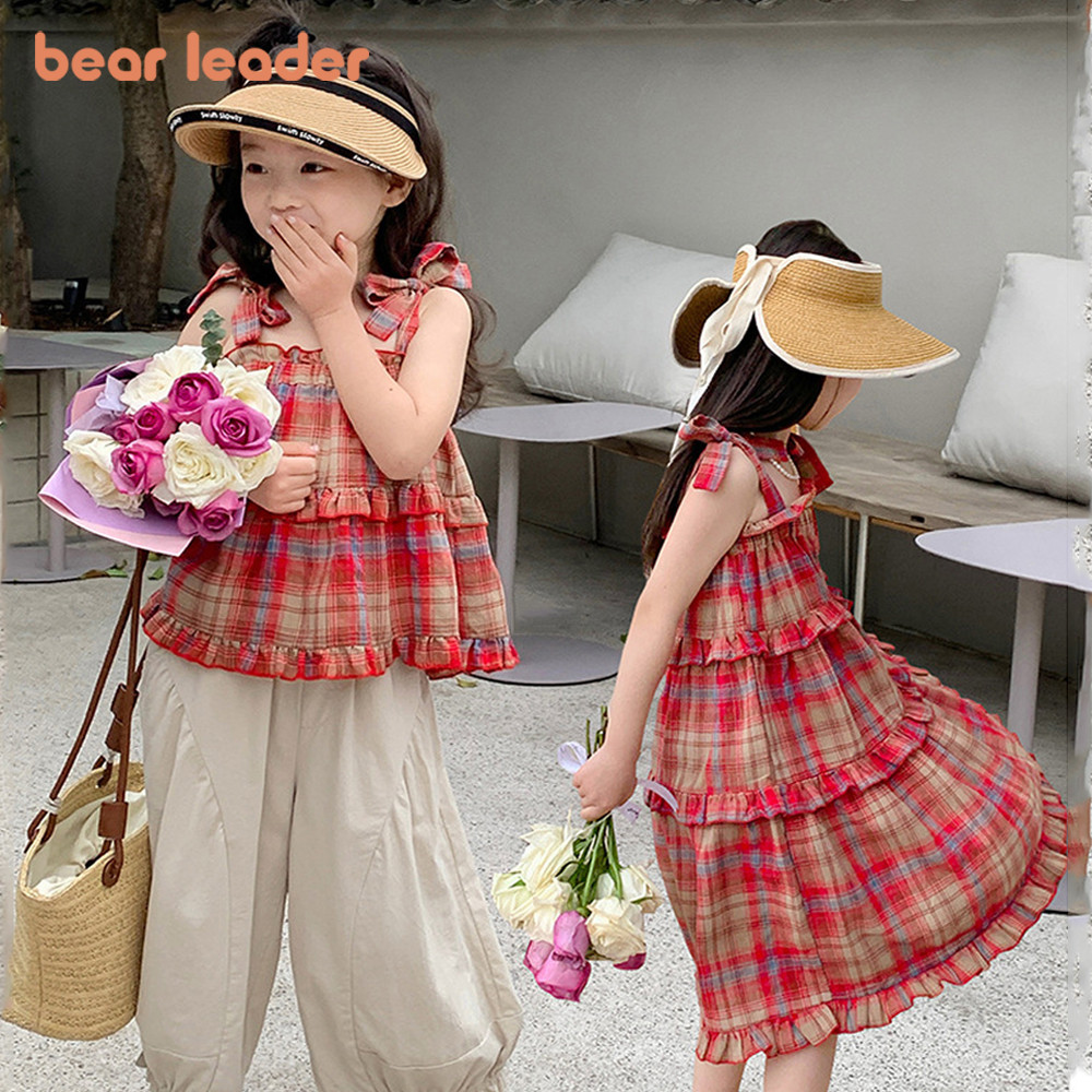 หมีผู้นําแฟชั่นใหม่ตรวจสอบพิมพ์โบว์แขวนสาวชุดน้องสาวชุด2-6ปีเด็กเสื้อผ้า