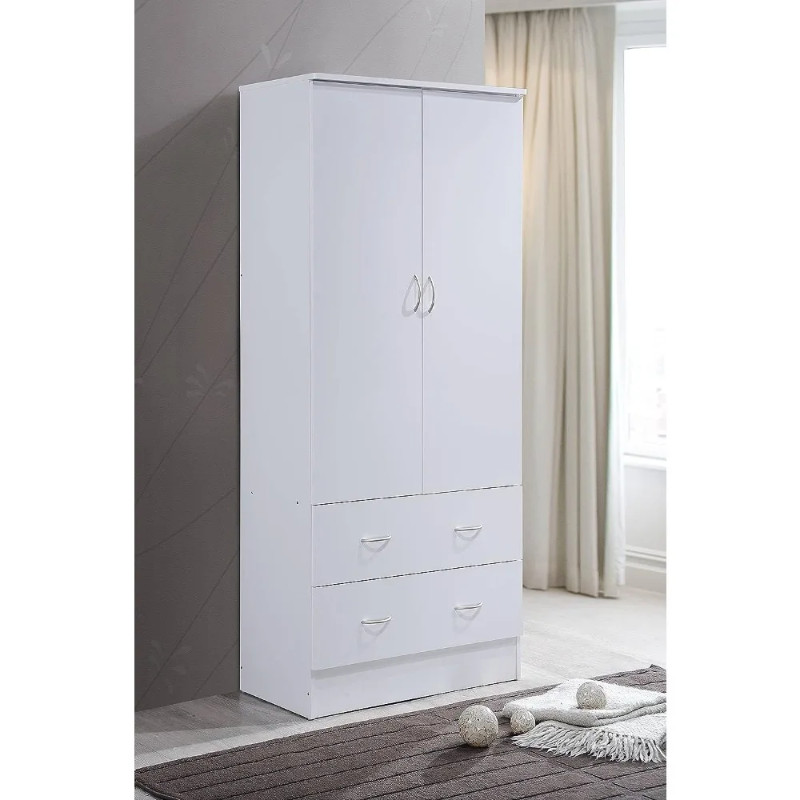 Wooden Wardrobe Bedroom Closet, Cabinet Equipped with Clothes Drying Rod and 2 Storage Drawers, Whit