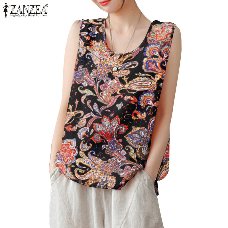 ZANZEA ใส่ ซานเซีย ผู้หญิงแฟชั่นเกาหลีดอกไม้พิมพ์ โอ-คอแขนกุดหลวมถัง