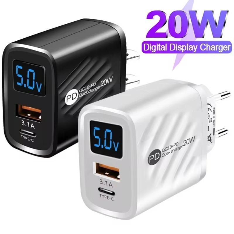 จอแสดงผลดิจิตอล LED Phone Charger - EU/US Plug Travel Type-C Charger Adapter - PD 20W Fast Charging Charger - QC 3.0 Fast Mobile Phone Charger