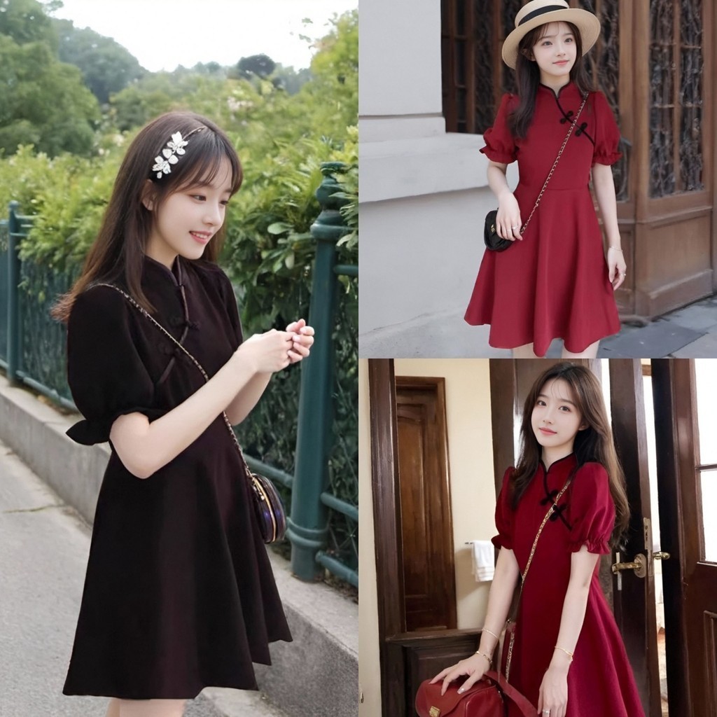 สวยเสมอ! ชุดเดรสกี่เพ้าสีดำสีแดงสไตล์จีน