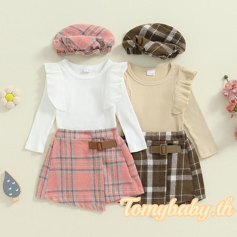 Tomybaby-3 ชิ้นสาวชุดฤดูใบไม้ร่วง Ribbed ถัก Ruffles ลูกเรือคอเสื้อแขนยาว + กระโปรงลายสก๊อต + หมวกชุด