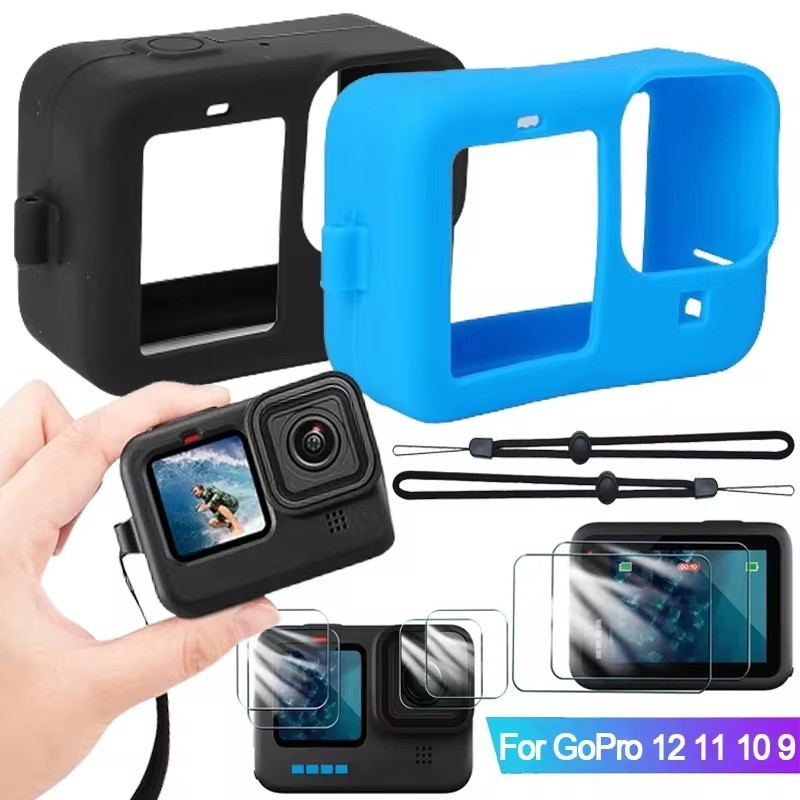 ชุดเคสซิลิโคนสําหรับ GoPro Hero 12 11 10 9 - กระจกนิรภัยหน้าจอ Flim ชุด - เลนส์ป้องกันฟิล์มฝาครอบป้องกันสําหรับเคส Go Pro 11 - ฝาครอบเคสกล้องป้องกันการตกพร้อมเชือก