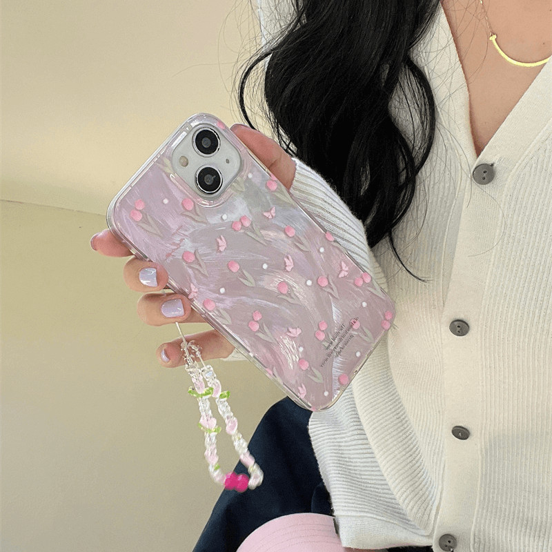 เคสซัมซุง for Samsung Galaxy S25 S24 Plus S23 S22 Ultra S21 S20 FE A51 A71 A32 M32 A21S A31 5G A50 A50S A30S A20 A30 A05S A05 A11 M11 A03S A03 A04 A04E 4G Tiny Pink Tulips Polka Dots Pretty Floral Bracelet Chain Flower Lanyard Phone Case YS 29 - รูปที่ 2