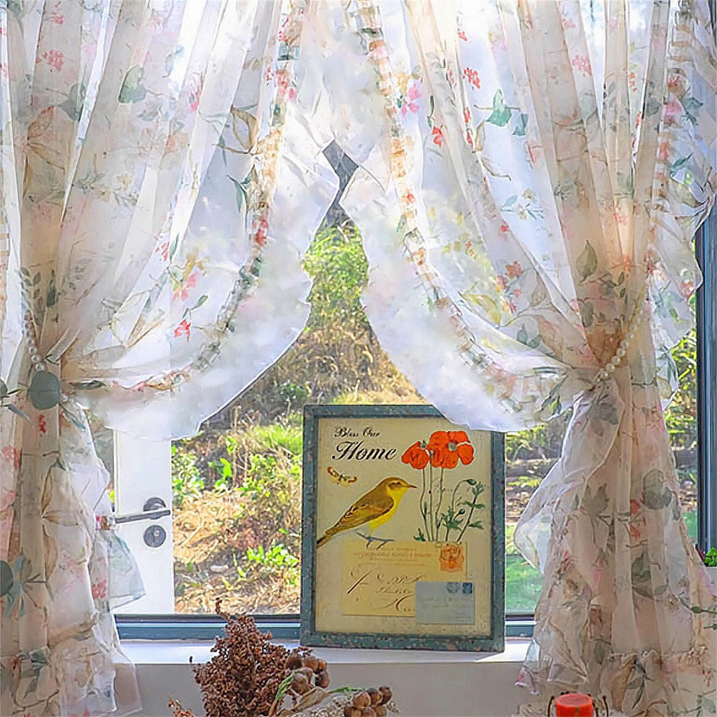 Farmhouse Sheer ผ้าม่านลูกไม้ Ruffles Voile ดอกไม้ Scallop ขอบ Shabby Chic โปร่งใสสําหรับห้องพักหญิง/ห้องนั่งเล่น/ประตูบานเลื่อนหน้าต่าง Treatment Rod กระเป๋า 2 แผง