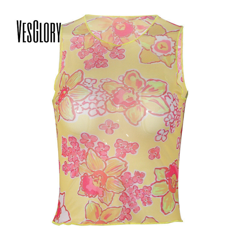Vesglory ผู้หญิง 2024 แขนกุดคอลูกเรือแฟชั่นพิมพ์สัมผัสสะดือตาข่ายเสื้อกล้าม