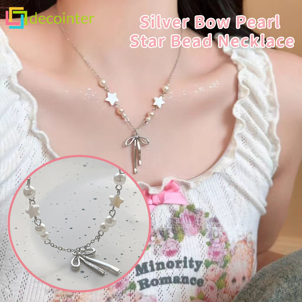สร้อยคอลูกปัดดาวมุกโบว์เงินที่สวยหรู-เค้นคอลูกปัดเหล็กดาวที่เรียบง่าย-เครื่องประดับดาวโบว์หวานสด