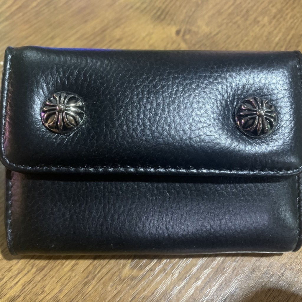 Chrome HEARTS กระเป๋าสตางค์ผู้ชายหนังวัวสีดํา TriFold, Double Cross Flower Buckle Leather Short Wallet, Retro Punk Mens Bag, ของขวัญสุดหรู 9122