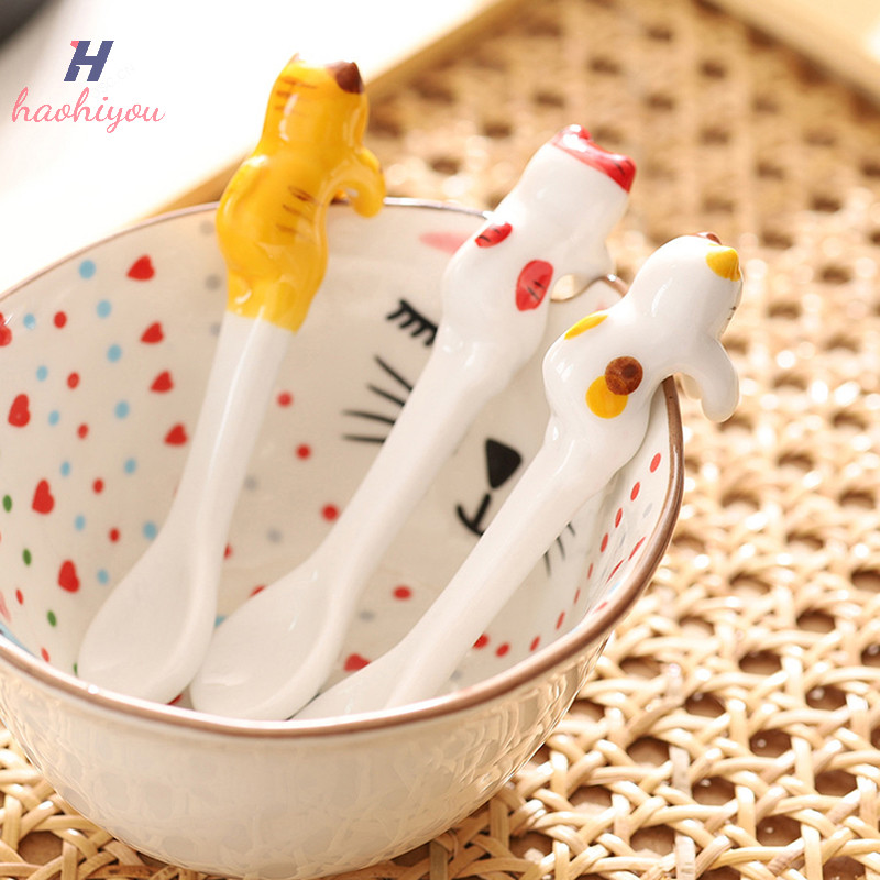<haohiyou> เครื่องมือห้องครัวของขวัญเซรามิคการ์ตูนน่ารักแมวสัตว์ช้อนแขวนช้อนกาแฟ Nice