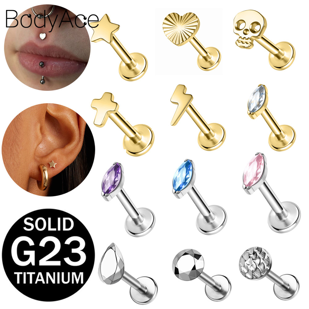 Bodyace 1 Pc 16G Lip Stud G23 ไทเทเนียม Labret เจาะ Cubic Zircon Lip เจาะ Lobe ต่างหูหัวใจ Labret Stud