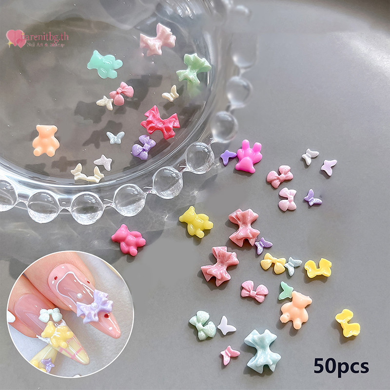 Renbg 50 ชิ้นเล็บ Ch อะไหล่ Bowknot รูปหัวใจ 3D เล็บตกแต่งอุปกรณ์เสริม DIY Colorfoul เรซิ่นฤดูหนาวเครื่องประดับเล็บ Salon TH