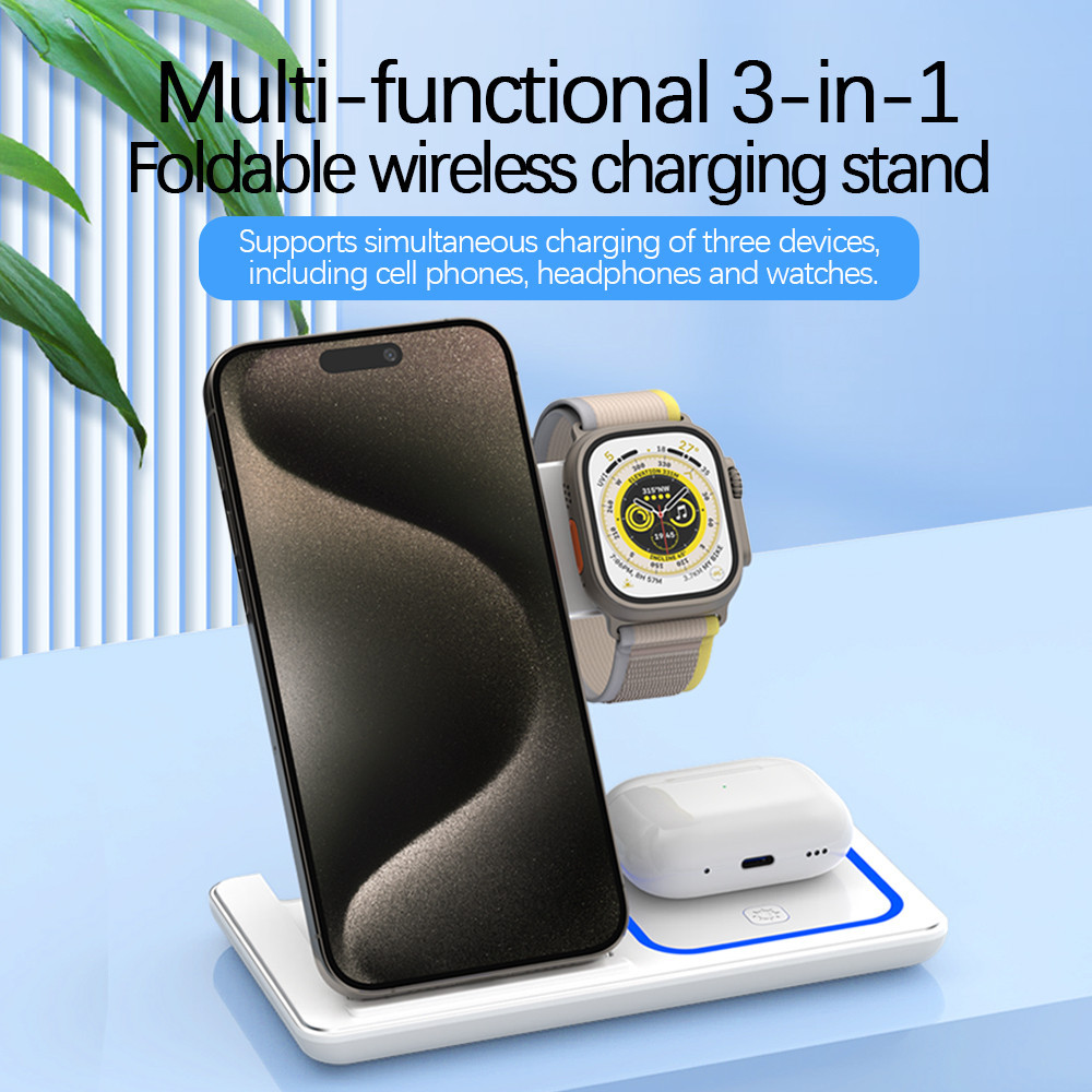 30w LED Fast Wireless Charger Stand 3 ใน 1 สถานีชาร์จแบบพับได้สําหรับ iPhone 15 14 13 12 11 Apple Watch 9 8 7 6 5 Airpods Pro