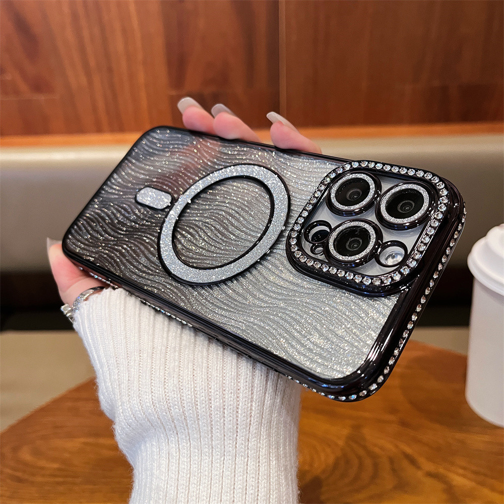หรูหราแฟลชเพชรเคสโทรศัพท์แม่เหล็กสําหรับiphone 11 12 13 14 15 16 Pro Max 15 Plusเลนส์ป้องกันกล้องกันกระแทกTPU soft Caseเคสโทรศัพท์ป้องกัน