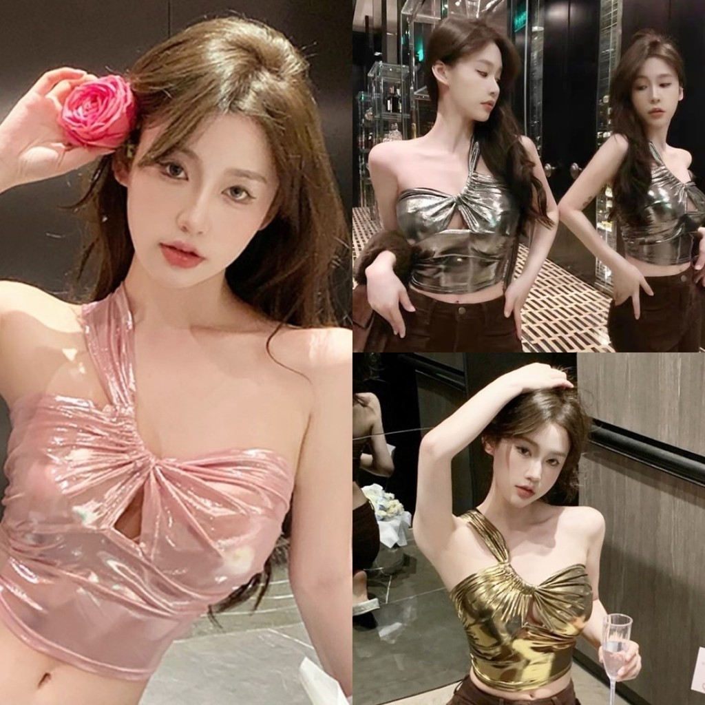 FC พร้อมส่ง เสื้อแฟชั่นสีเมทัลลิค 4 สี สายปาดข้างเดียว แต่งย่น