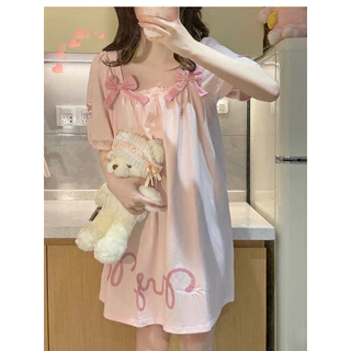 น่ารัก Melody ชุดนอนแขนสั้นผู้หญิง Influencer ฤดูร้อน Sweet Nightdress Casual บางสบาย Homewear