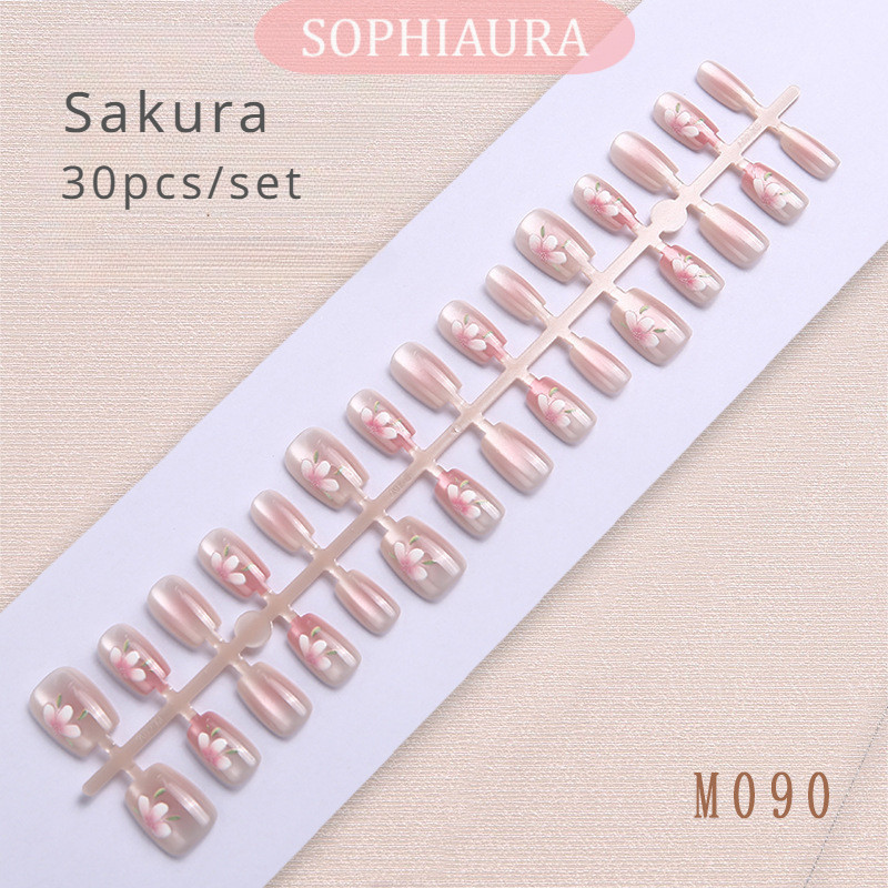 [30 ชิ้น] 2024 ใหม่อินเทรนด์ออกแบบแมวตาผีเสื้อ Mermaid Sakura Cherry เล็บปลอมกาวสั้นสแควร์นํากลับมาใช้ใหม่ที่ถอดออกได้เล็บปลอมกดบนเล็บเล็บปลอมเล็บ