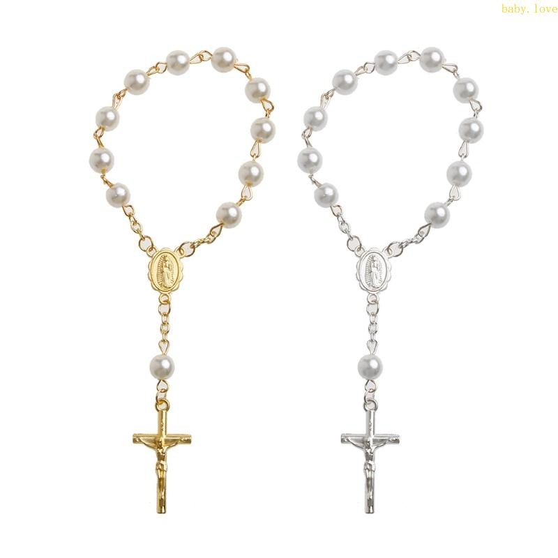 Blove * Baptism Mini Rosary สีงาช้าง Faux Pearls สําหรับสร้อยข้อมือข้ามเหมาะสําหรับ Christening Baby Shower Party งานแต่งงาน Ho