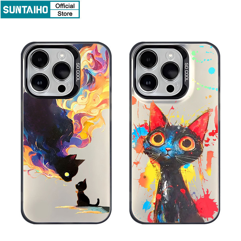 Suntaiho Aestheticน่ารักปลอกแมวดําปีศาจรูปแบบเคสโทรศัพท์สําหรับIphone 15 14 13 12 11 Pro Max TPUซิลิคอนนุ่มพรีเมี่ยมกันกระแทกปกหลัง