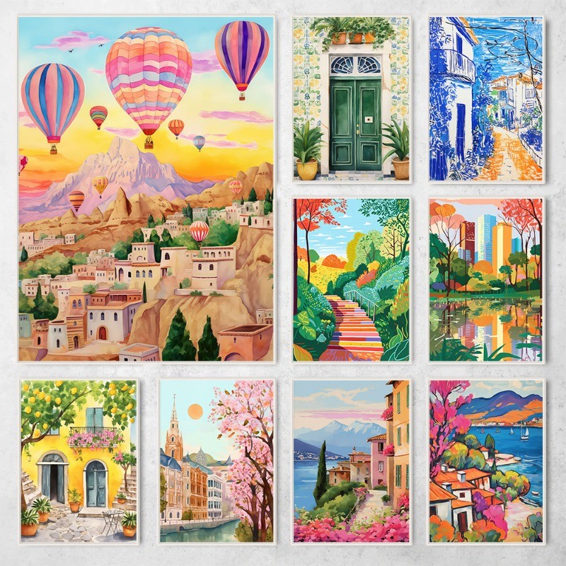 สีสันบทคัดย่อการเดินทางภูมิทัศน์โปสเตอร์กรีกสถาปนิกจุดชมวิวภาพวาดผ้าใบboho Wall Artห้องนั่งเล่นตกแต่งบ้าน