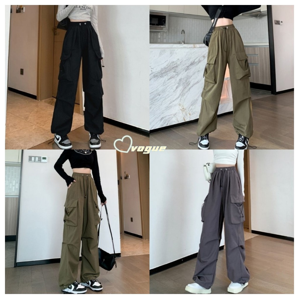 Vogue🌟พร้อมส่ง🌟 กางเกงคาร์โก เอวฟรีไซต์ยางยืด เอวสม๊อค ทรงกระบอกเล็ก กระเป๋าข้าง ฟรีไซส์ สีพื้น (2097) -NZ-H