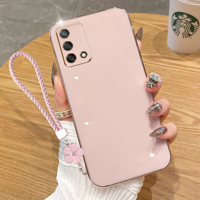 ปลอกoppo A94 4G 5G A95 A74 A54 F19S 4G A54 A74 5G F19 Pro + 5G Reno5 F Reno6 LiteหรูหราElectroplatedตรงขอบซิลิโคนนุ่มเคสป้องกันโทรศัพท์ด้วยเชือกแขวนดอกไม้