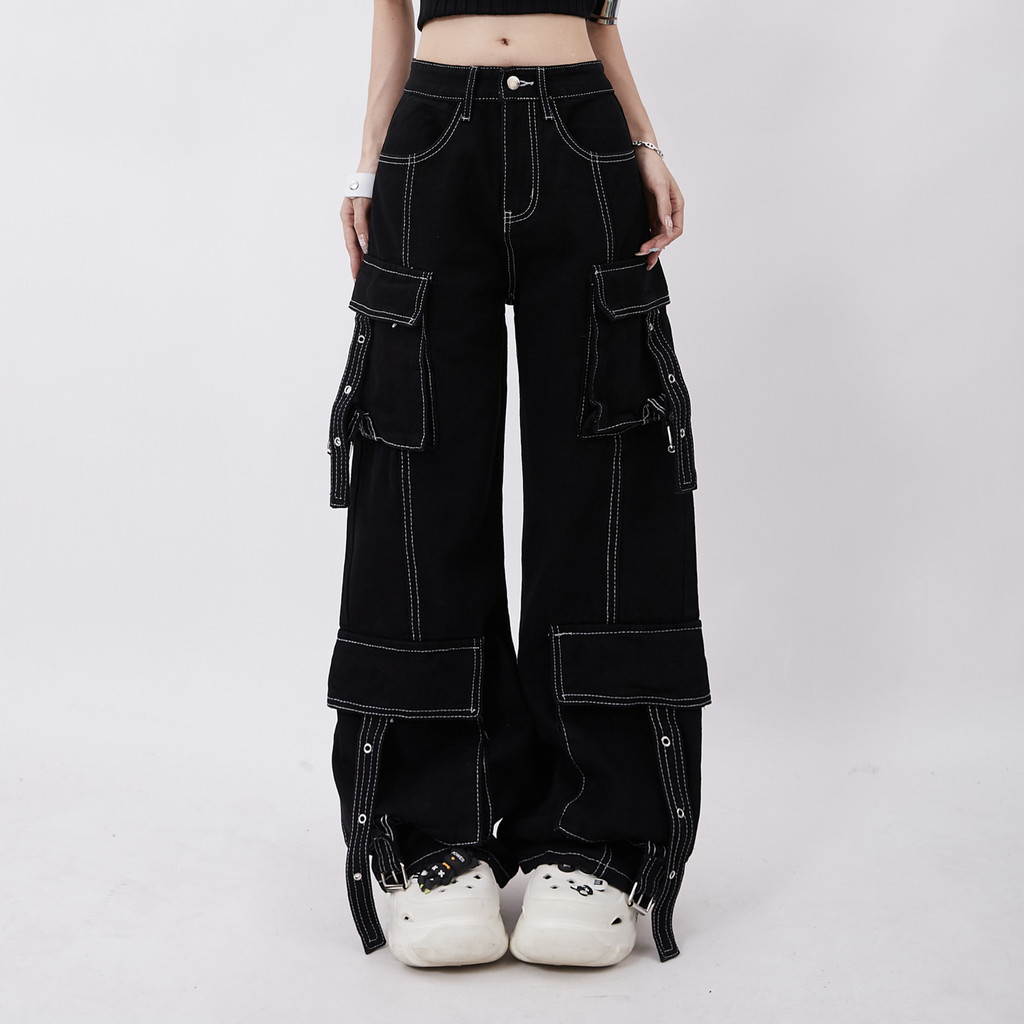Retro Wide-Leg Pants Decorative Wear Fashionable Workwear Loose Straight Line DopamineinsAmerican-Style Multi-Pocket All-Matching