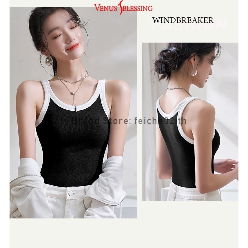 Casual Patchwork Contrast Binding tank top สําหรับเสื้อกั๊กด้ายแผ่นรองหน้าอกในตัวสีดําสีขาวพร้อมแผ่นรองหน้าอกด้านนอกสวมเสื้อกล้ามด้านหลังที่สวยงาม ราคา ถูกที่สุด ดีลบีเคเค แกลเลอรีภาพที่ 6