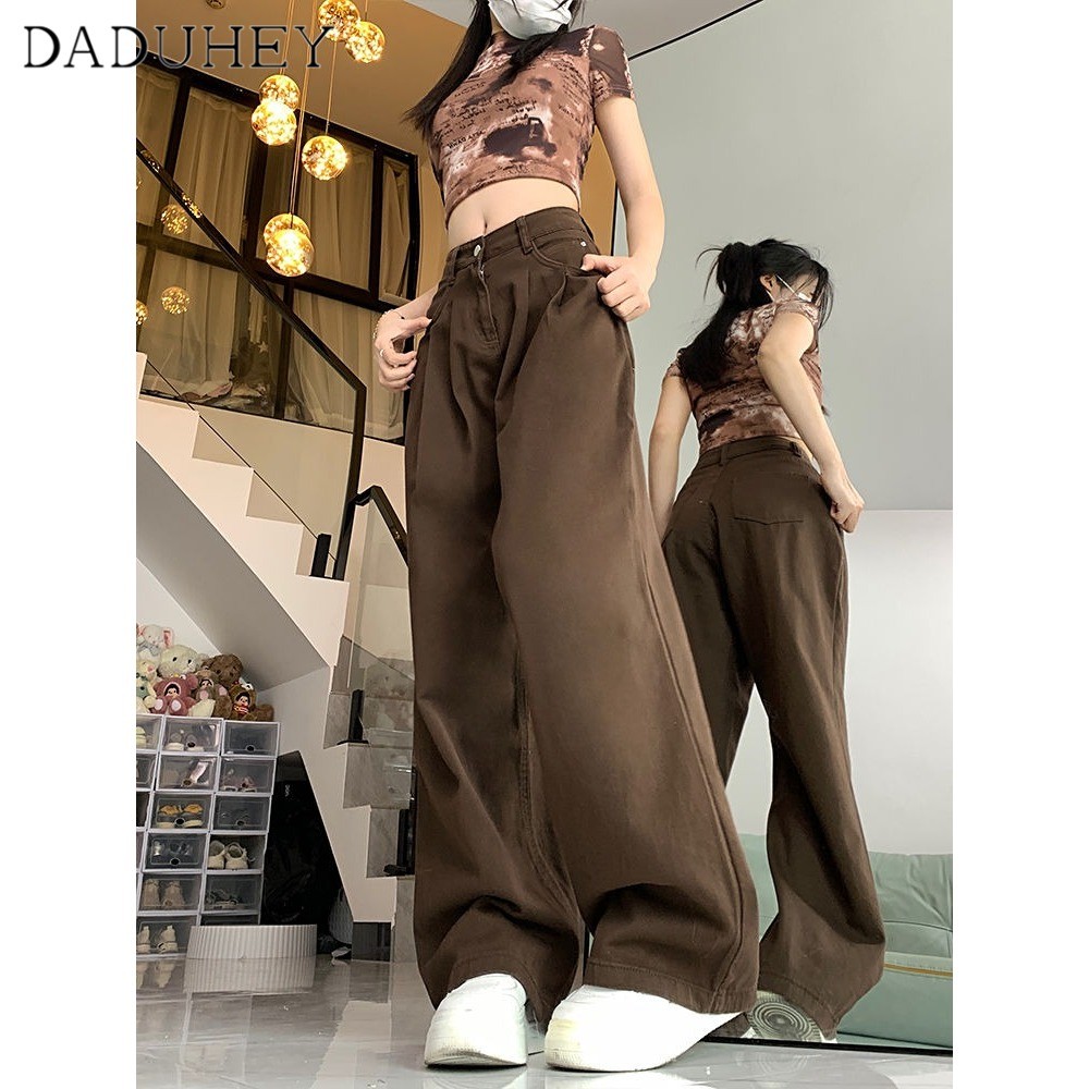 DaDuHey Women's 2026 Spring and Autumn High Waist Loose and Slimming Straight Casual Pants American Retro Fashion Brown Wide Leg Jeans