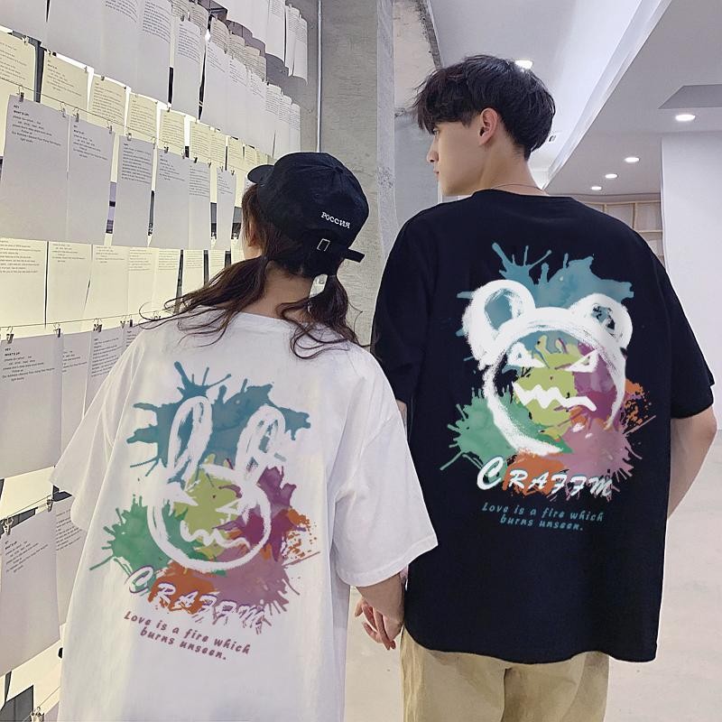 Basi เสื้อยืด oversize unisex เสื้อคู่ ลาย "CEAFFM" หมีกับกระต่าย น่ารัก ผ้าคอตตอน100% ใส่สบาย สไตล์เกาหลี มินิมอล