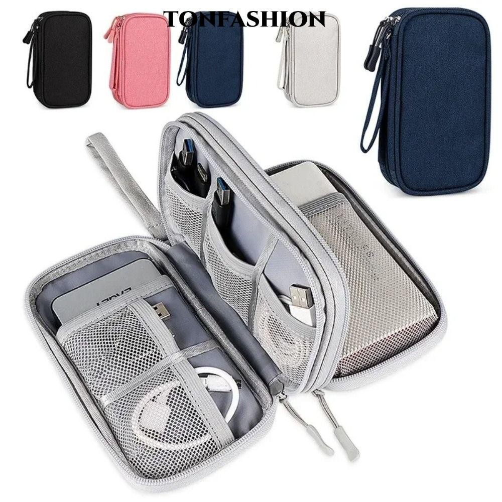 Tonfashion กระเป๋าจัดเก็บสายชาร์จ USB ดิจิทัล กันน้ํา หลายชั้น สีพื้น สําหรับเดินทาง