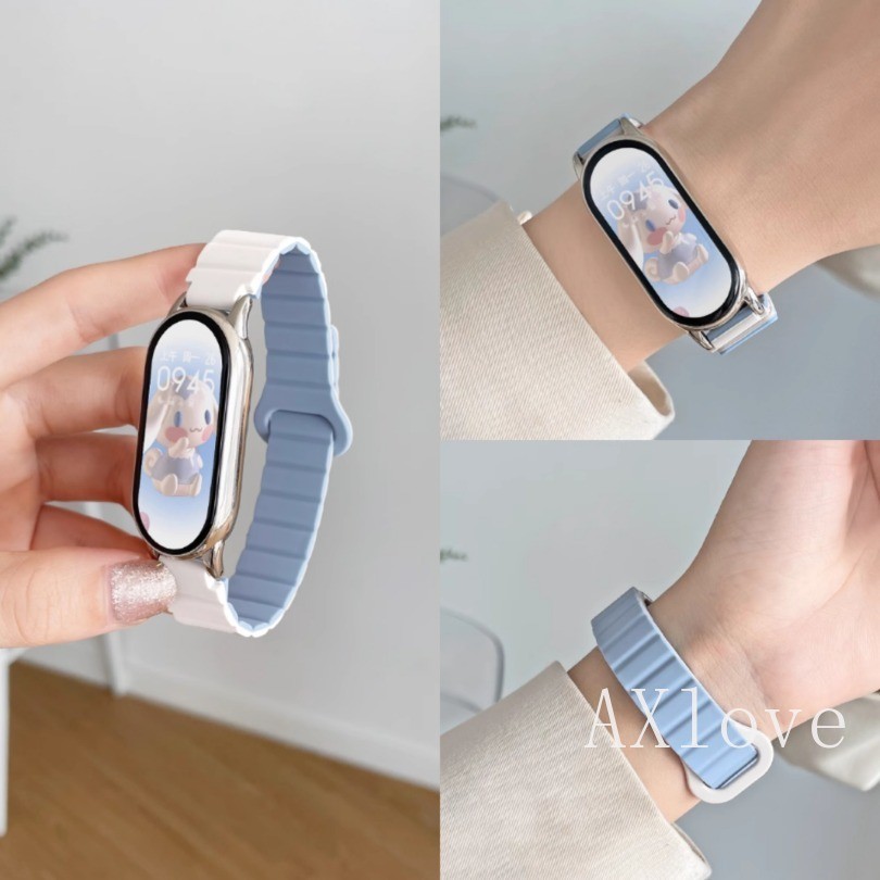 สายรัดซิลิโคนสําหรับ Xiaomi Mi band 9 8 Elastic Solo Loop ปรับสายนาฬิกาสร้อยข้อมือหัวเข็มขัดแม่เหล็กสําหรับ Miband 8 9 NFC อินเทอร์เฟซโลหะ
