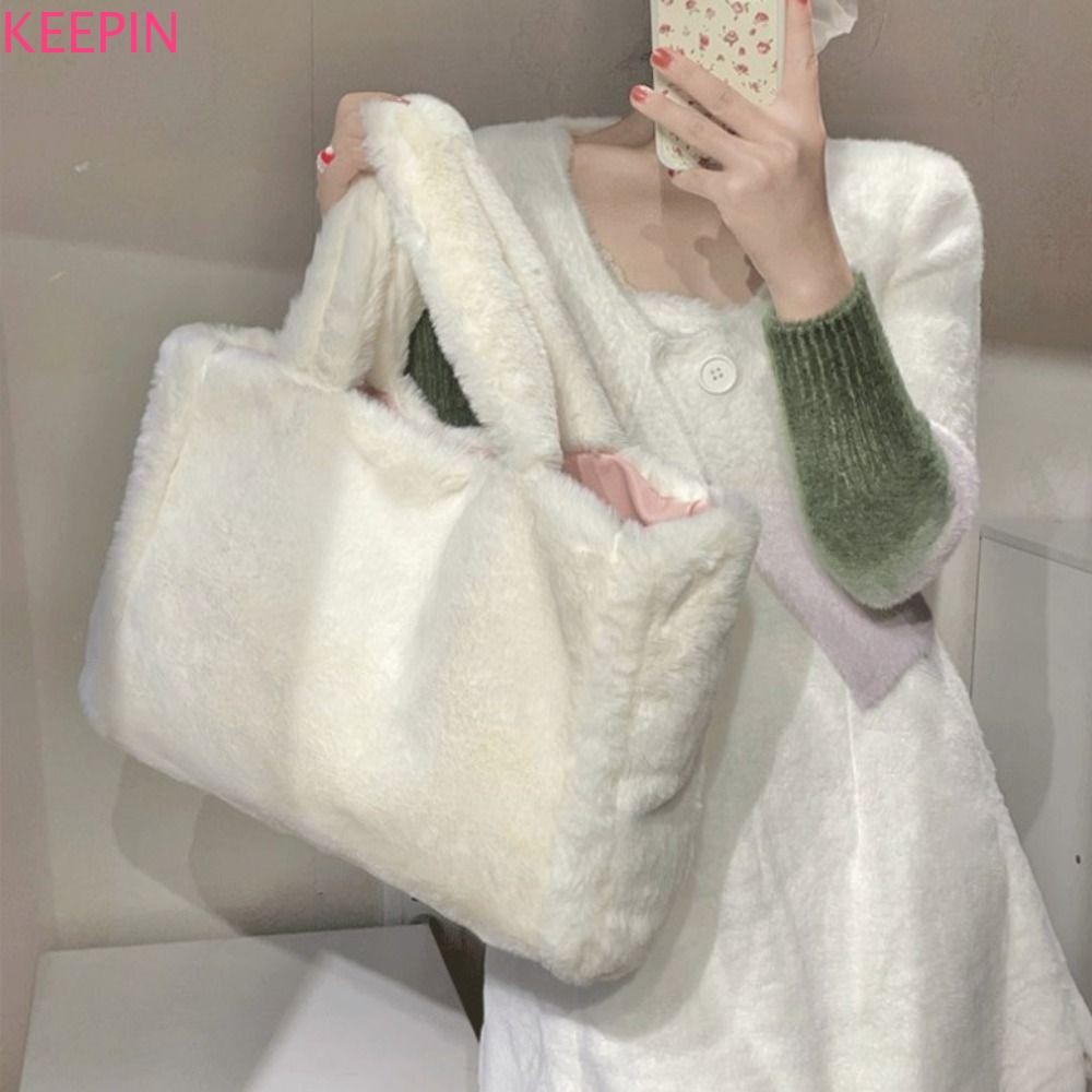 Keepin Plush Tote Bag,สีทึบสไตล์เกาหลีFaux Fur Tote Bag,แฟชั่นความจุขนาดใหญ่กระเป๋าสะพายขนนุ่มLady