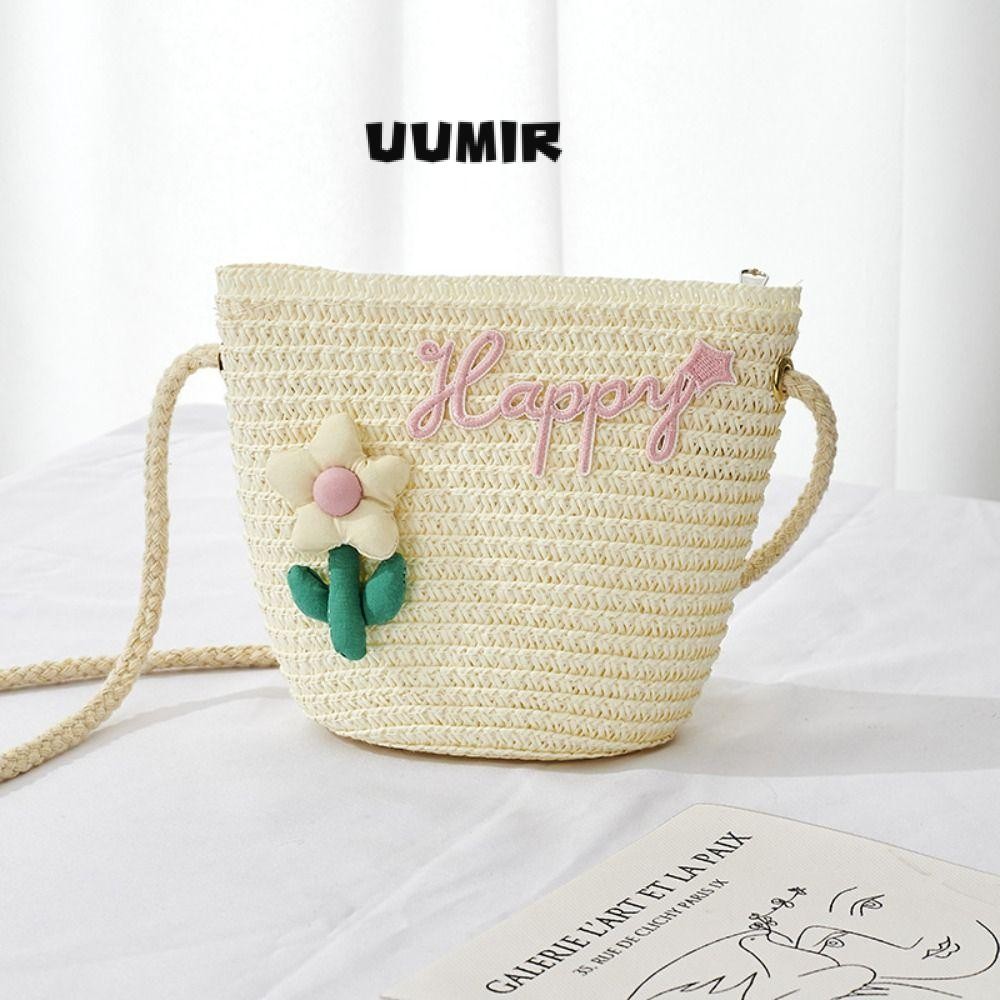 UUMIR กระเป๋าสะพายฟาง, กระเป๋าสะพายข้างดอกไม้ฟาง, กระเป๋าใส่เหรียญขนาดเล็กน่ารักเด็กผู้หญิง