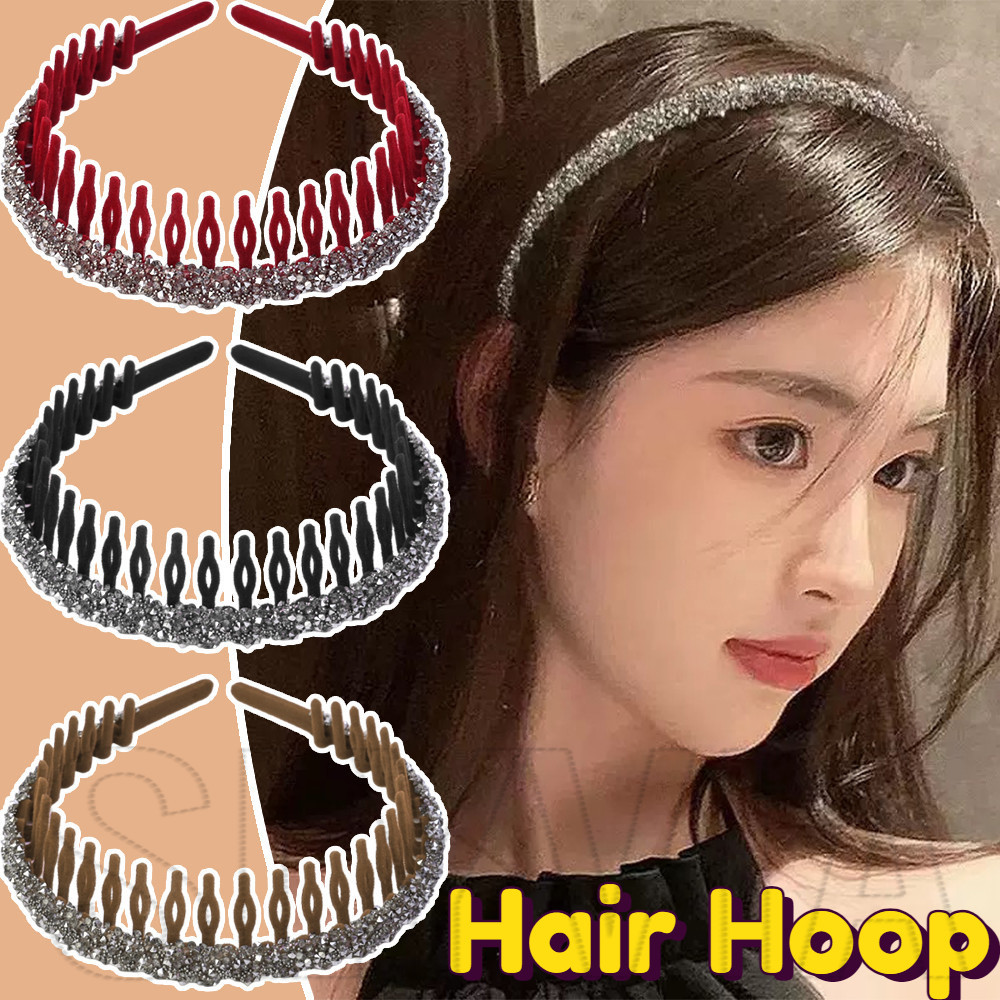Rhinestone Flocking Bezel Hair Hoops-สําหรับล้างหน้า,แต่งหน้า-ที่คาดผมกันลื่นฟัน-เครื่องประดับผม-แฟชั่น,สไตล์ INS,ยืดหยุ่น-เครื่องมือทรงผมDIY