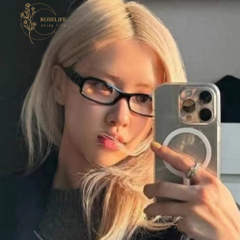 Roselife เกาหลี Rose เลนส์โปร่งใสสีดําแคบสี่เหลี่ยมผืนผ้ากรอบแว่นตาสําหรับผู้ชายผู้หญิงกลางแจ้งแฟชั่นแว่นตาเครื่องประดับแว่นตา