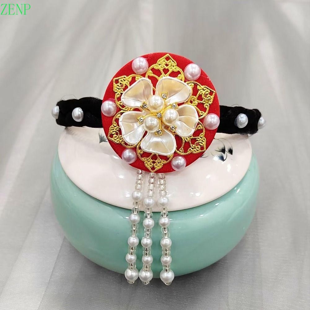 Zenpulse ที่คาดผมฮันบก, พู่ดอกไม้ ที่คาดผมเกาหลี, ผ้าโพกศีรษะแบบดั้งเดิมหวาน Pearl Stage Dance Hair Hoop Performance